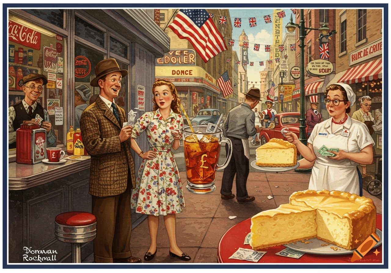 A colorful vintage illustration of a bustling street scene with people, shops, and food vendors, in the style of Norman Rockwell.