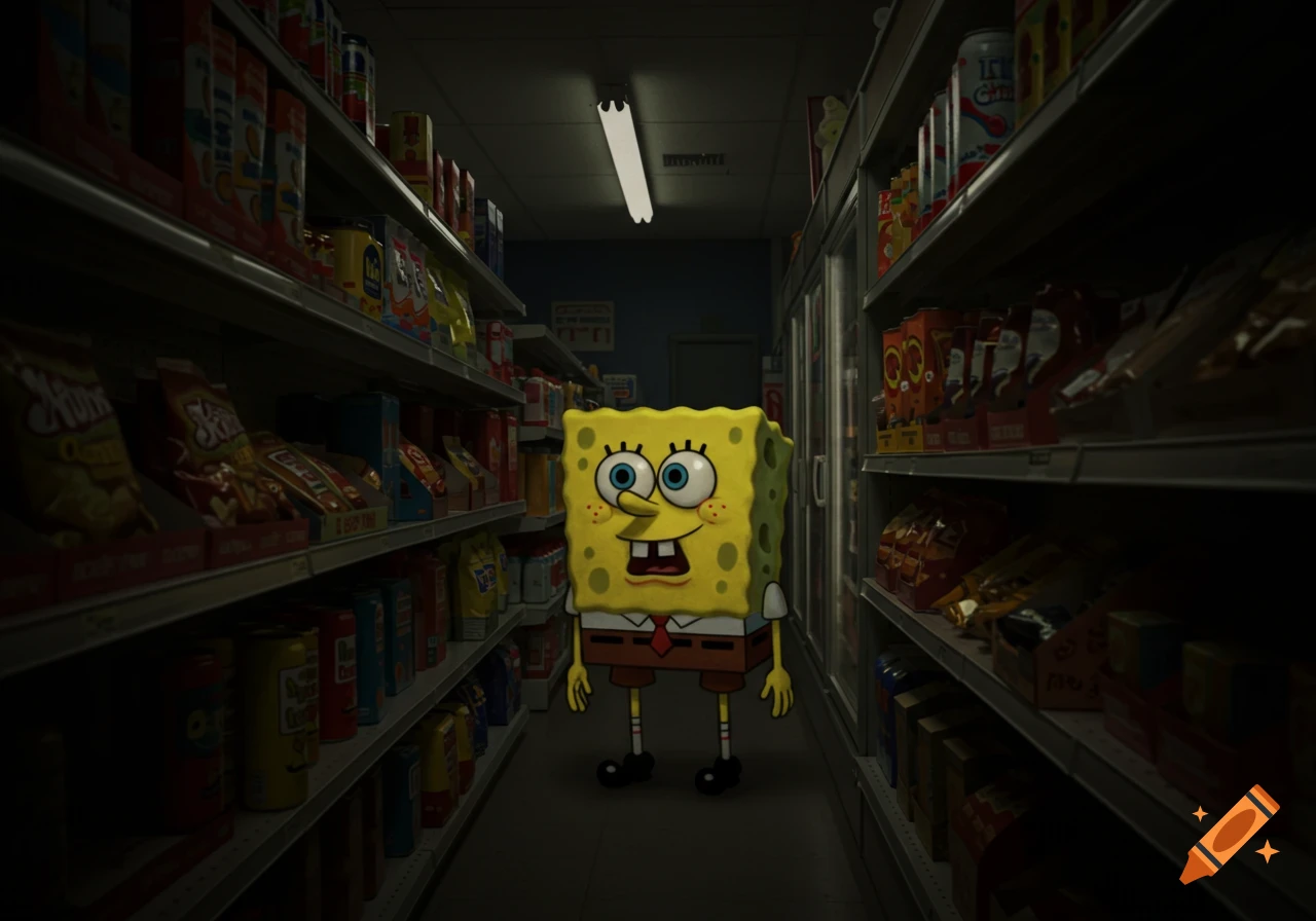 Spongebob Squarepants stands in a dimly lit grocery store aisle, viewed as if from CCTV footage.