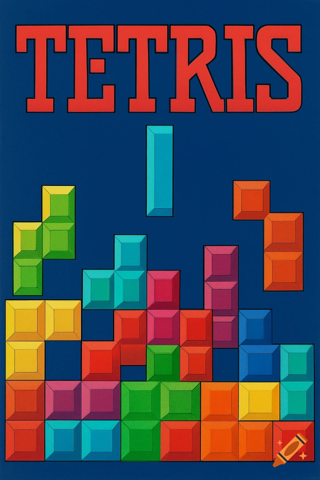 Colorful 3D Tetris blocks stacked on a blue background with the word TETRIS in red at the top, classic game cover art style.