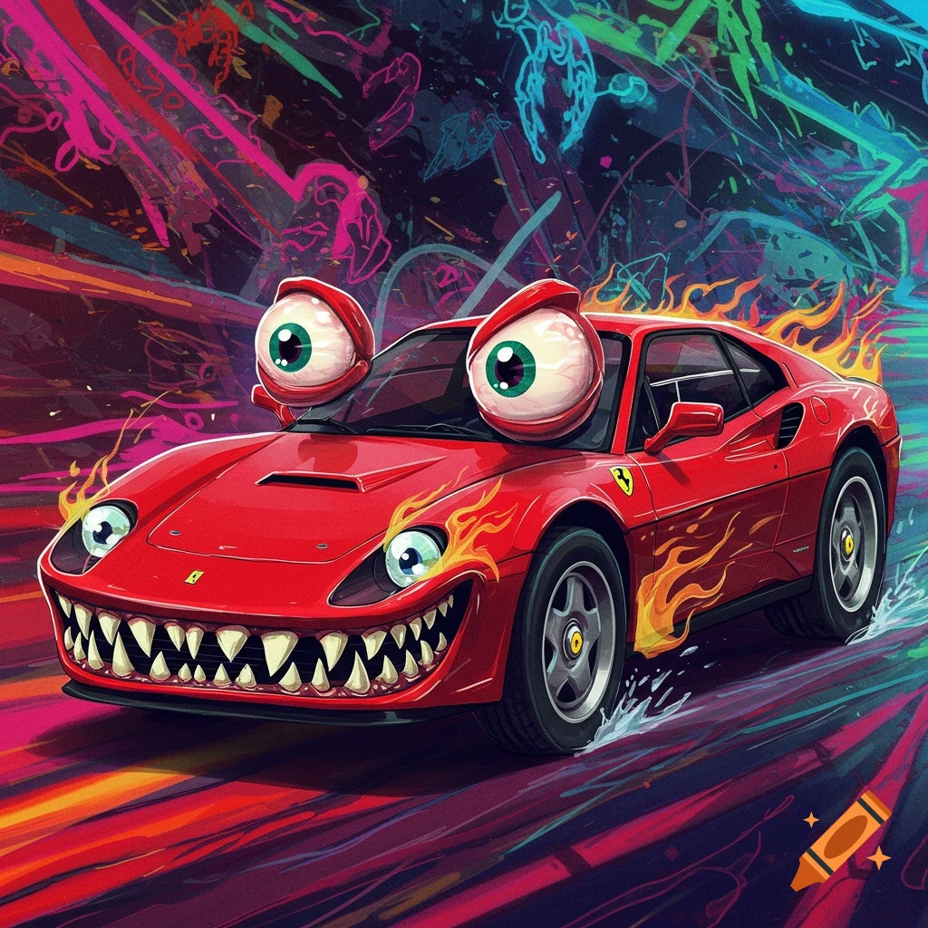 A red Ferrari sports car with large cartoon eyes and sharp monster teeth, on a vibrant, colorful abstract background.
