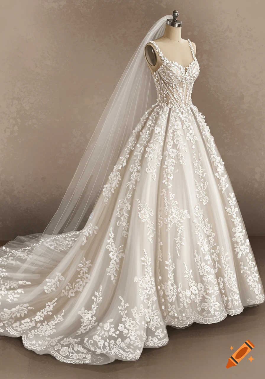 An elegant, slightly off-white wedding dress with intricate floral lace appliques, beadwork, and a long veil, displayed on a mannequin.