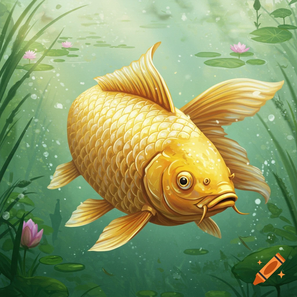 A golden carp with long fins swims in clear blue-green water surrounded by green aquatic plants and pink water lilies.