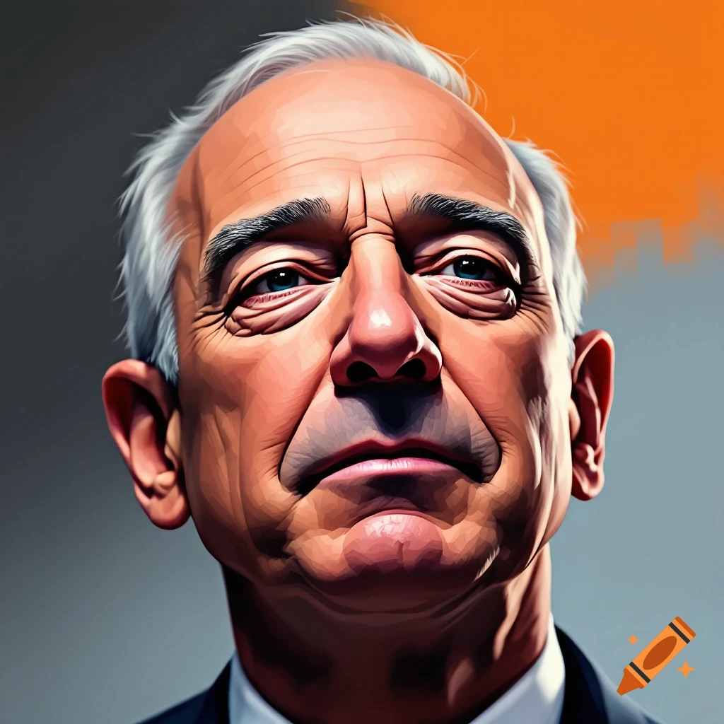 Stylized close-up portrait of a man resembling Jeff Bezos with white hair, looking straight ahead.