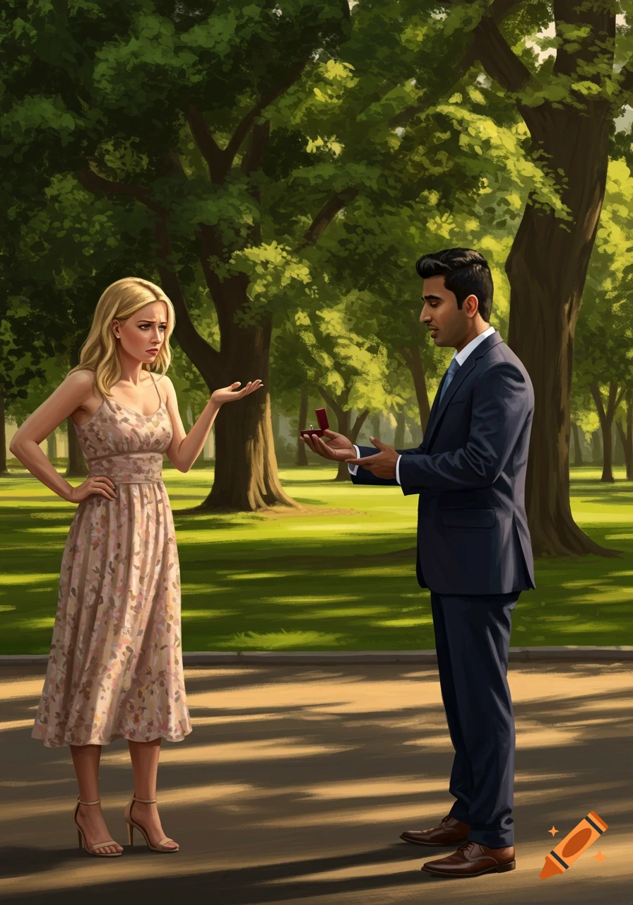 An illustrated scene of a man proposing to a woman in a sunny park, who appears upset.
