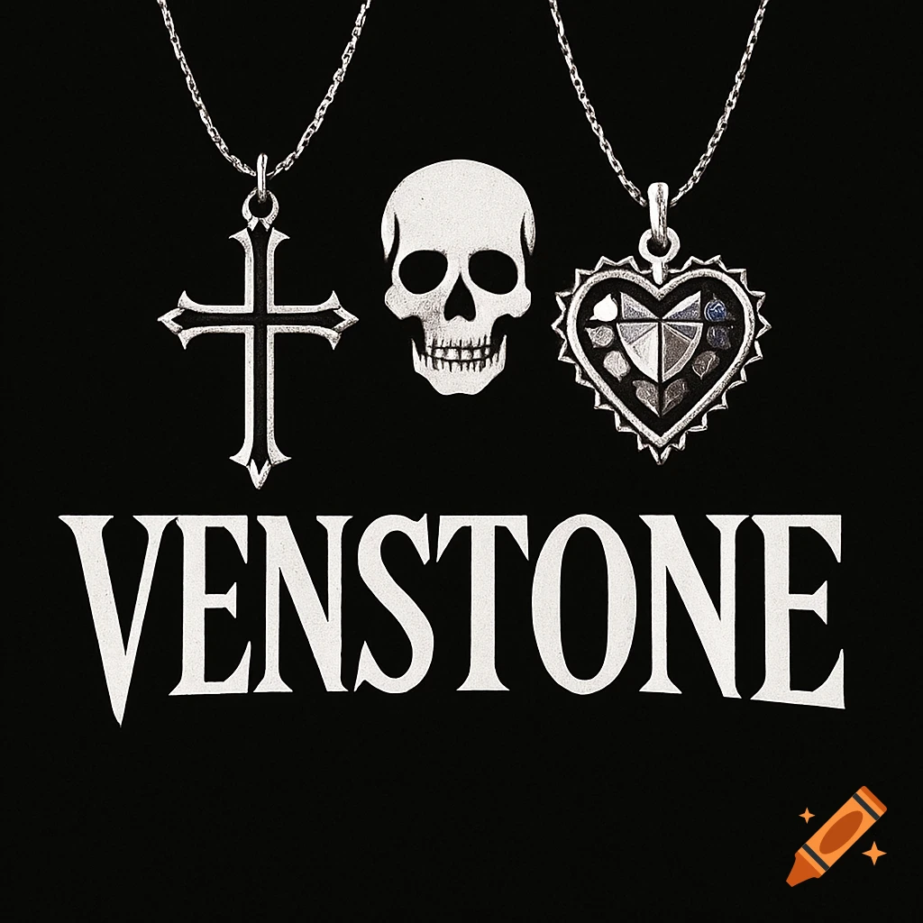 Silver cross, skull, and heart pendants on a black background with the word VENSTONE below them.