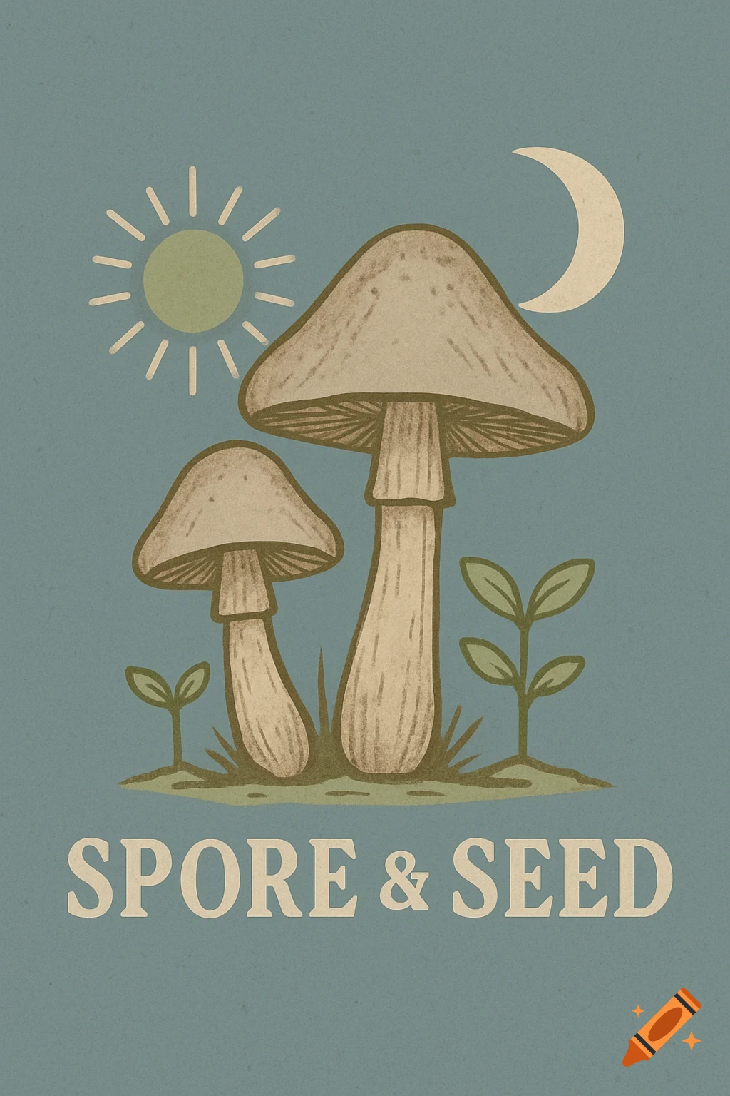 A vintage-style illustration of two mushrooms, seedlings, a sun, and a moon on a dusty blue background, with 'SPORE & SEED'.