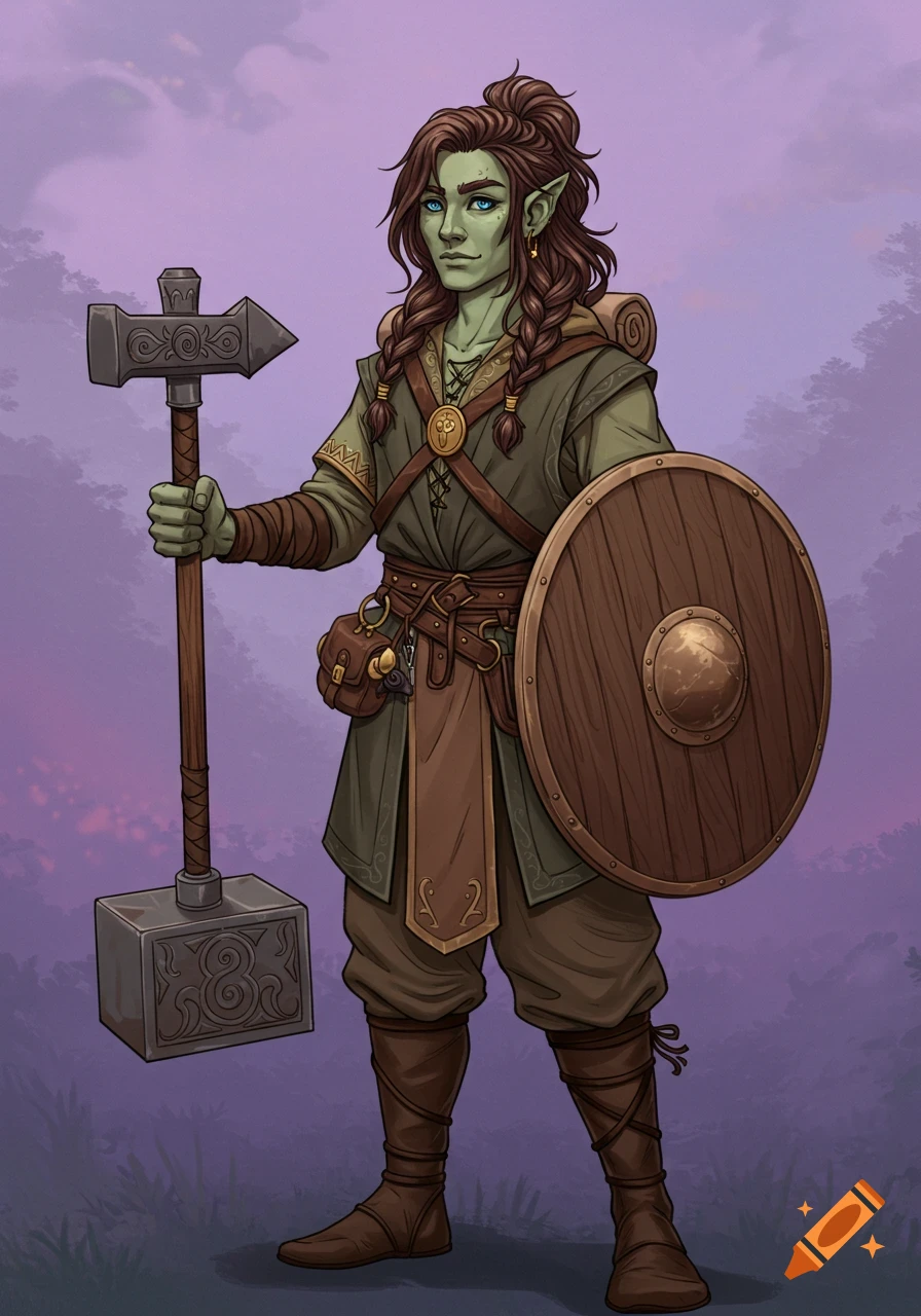 An illustrated green-skinned fantasy character with braided hair holds a warhammer and shield against a purple sky.