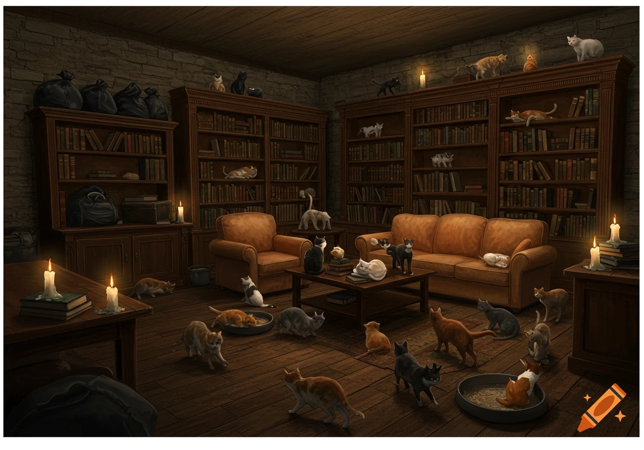 Numerous cats lounge and wander in a dimly lit, cozy library with bookshelves, chairs, and candles.