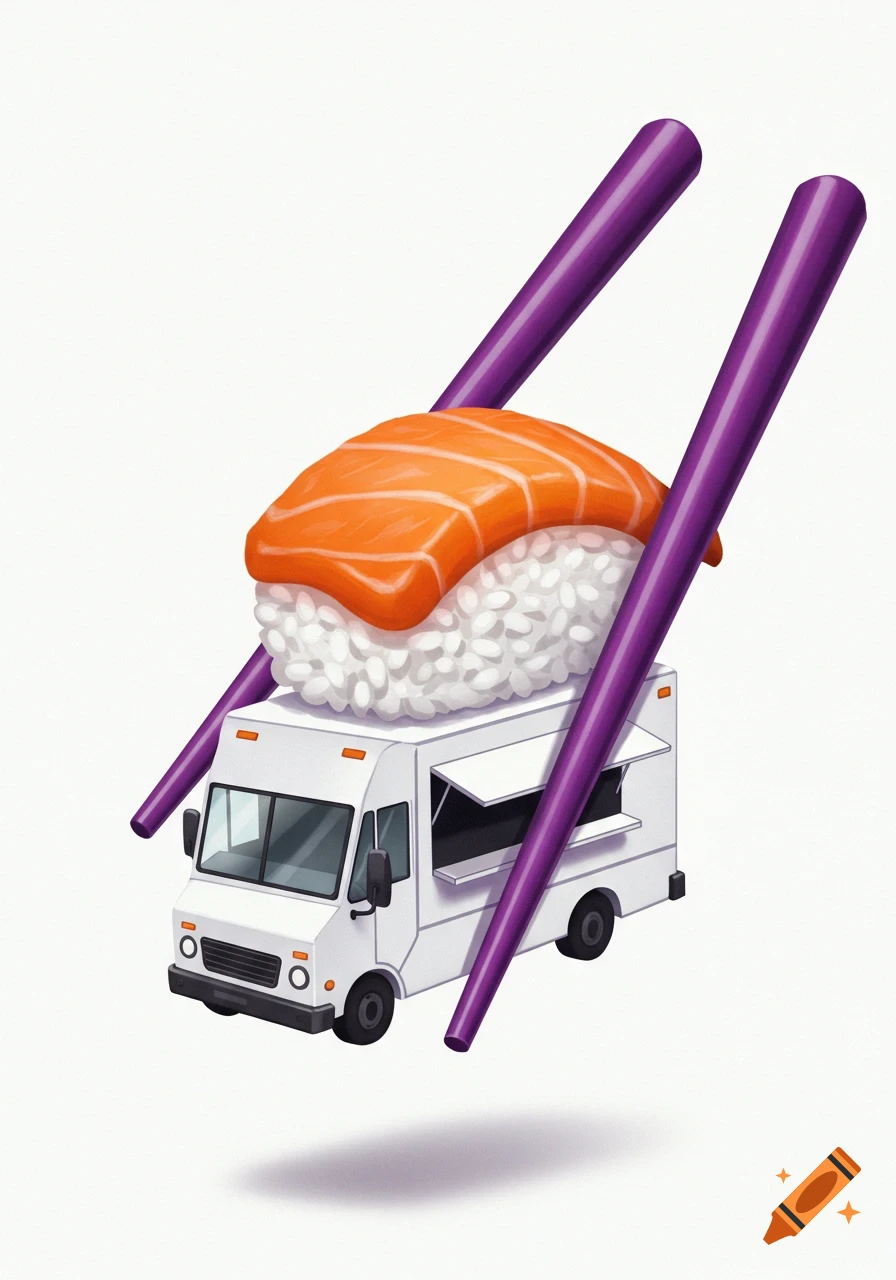 A whimsical illustration of a white food truck carrying a large salmon nigiri on its roof, held by purple chopsticks.