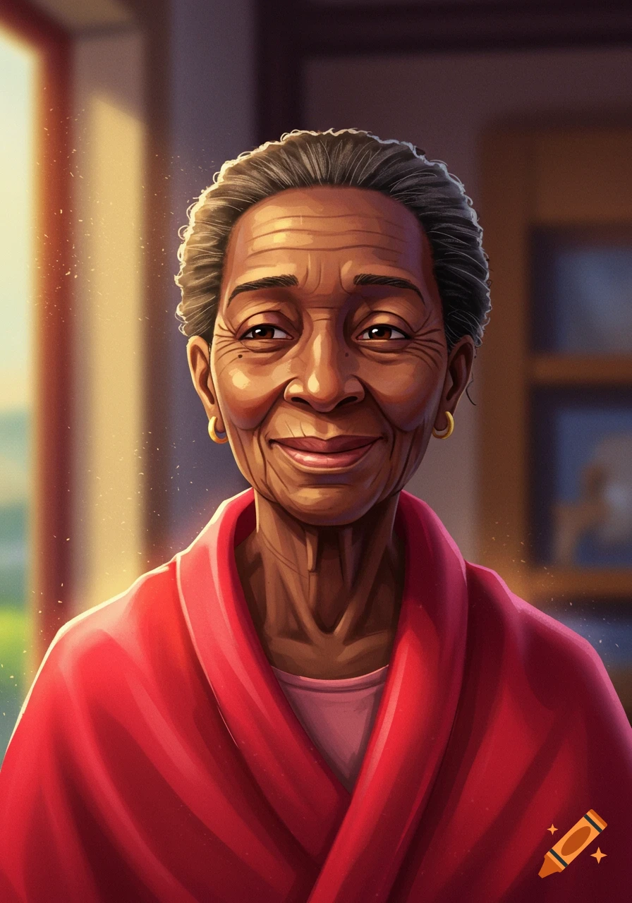 Animated portrait of a kindly elderly woman with a warm smile, wearing a red robe, bathed in soft light.