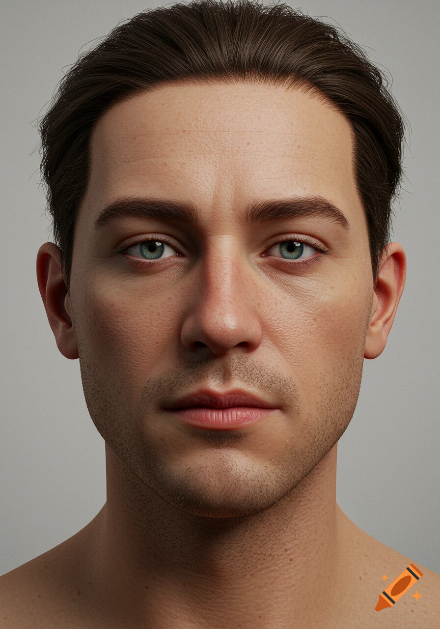 Close-up hyperrealistic portrait of a man with brown hair and blue eyes looking directly forward.
