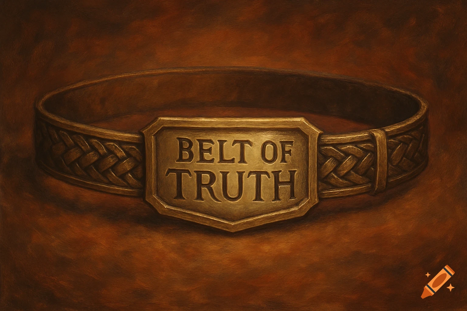 Painterly illustration of a bronze or golden belt with a buckle inscribed 'BELT OF TRUTH' on a textured brown background.