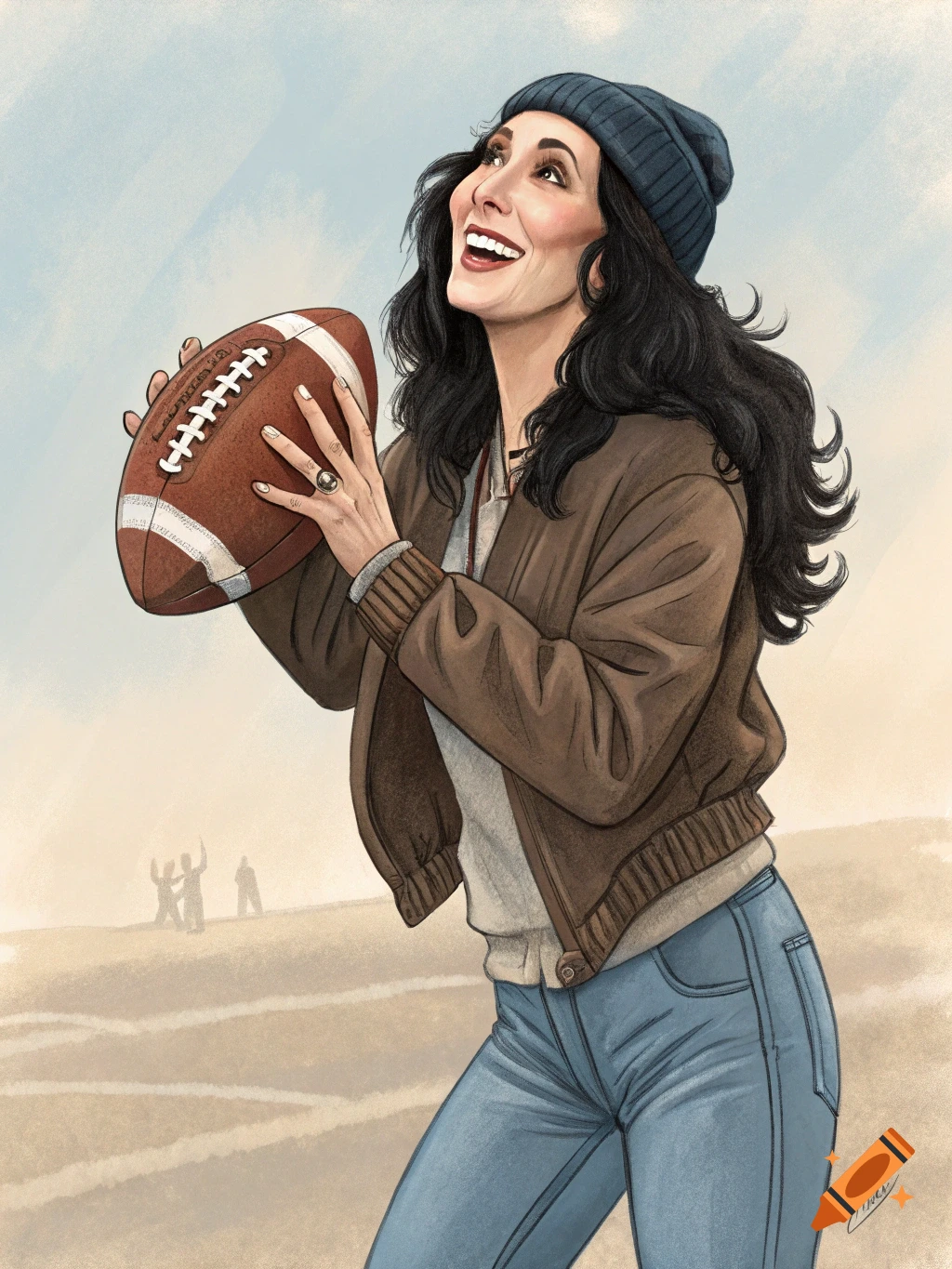 Stylized illustration of Cher smiling and looking up, holding a football while wearing a beanie and bomber jacket, with blurry figures in the background.