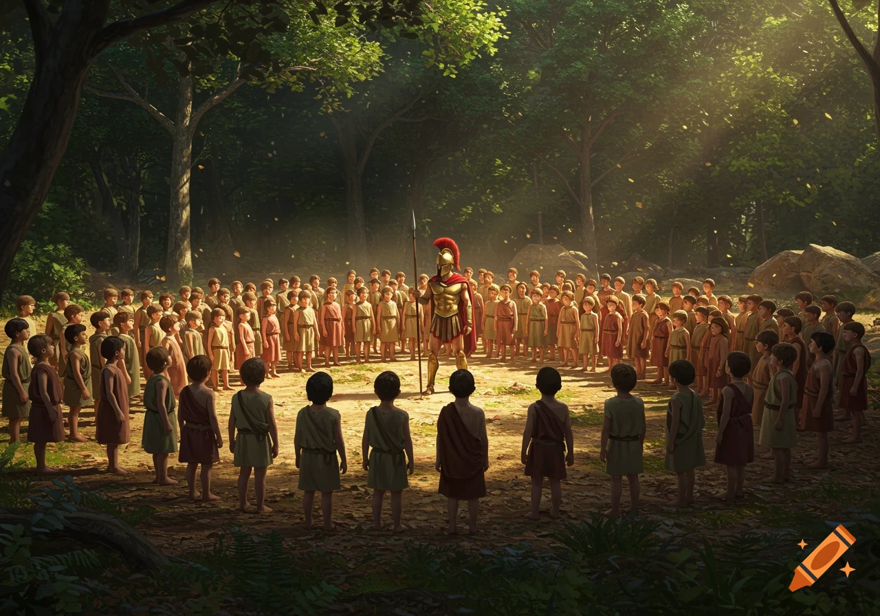 A Spartan warrior stands in a forest clearing, surrounded by a large circle of Spartan children in ancient robes.