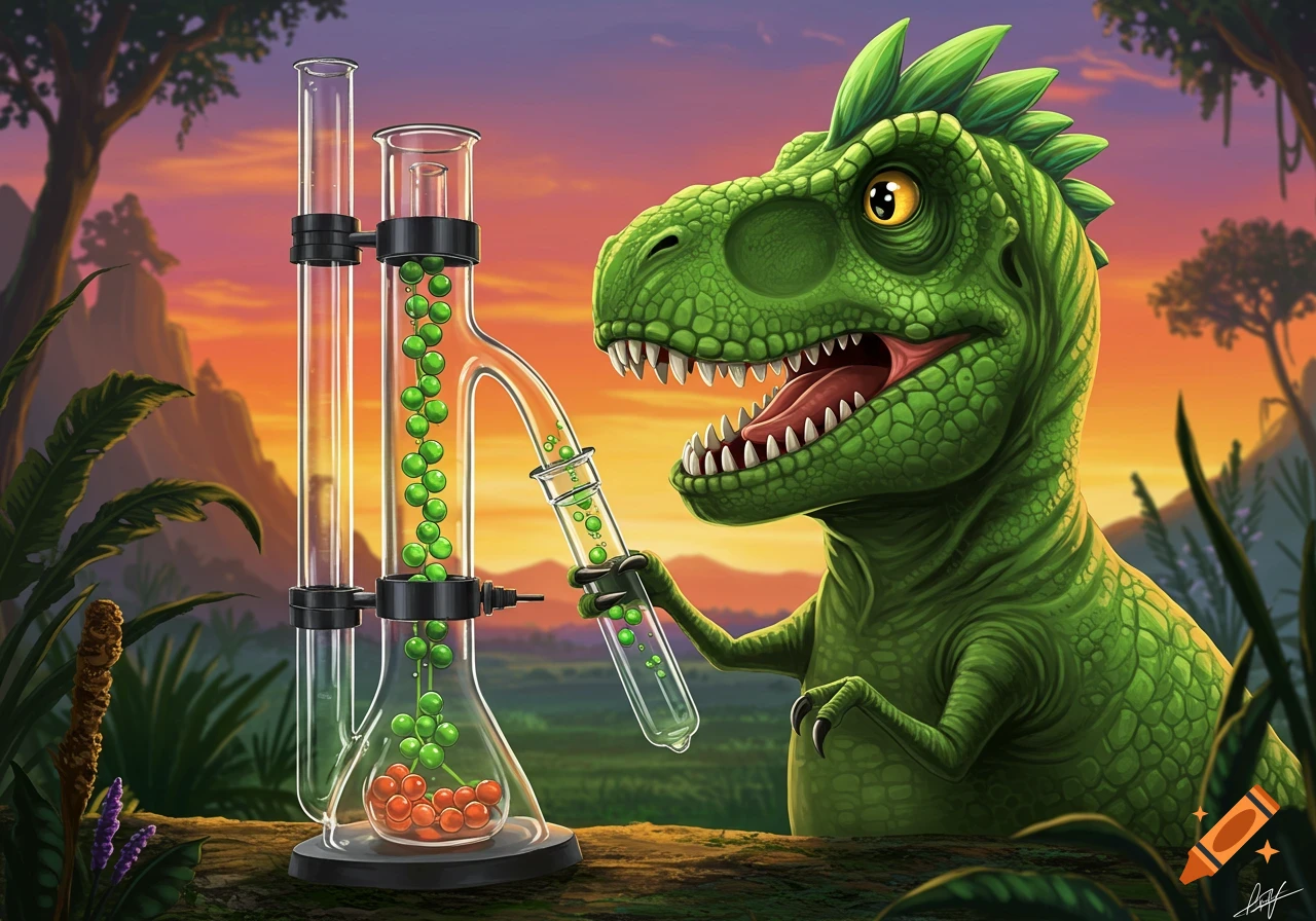 A cartoon green dinosaur holds a clear glass chromatography column with green and orange spheres, in a lush prehistoric landscape at sunset.