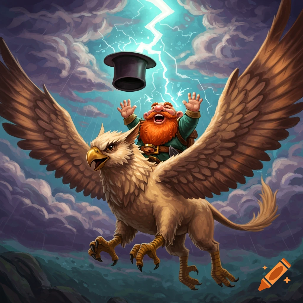 A cheerful dwarf with a long red beard rides on the back of a large brown gryphon through a stormy sky as lightning strikes his black top hat.