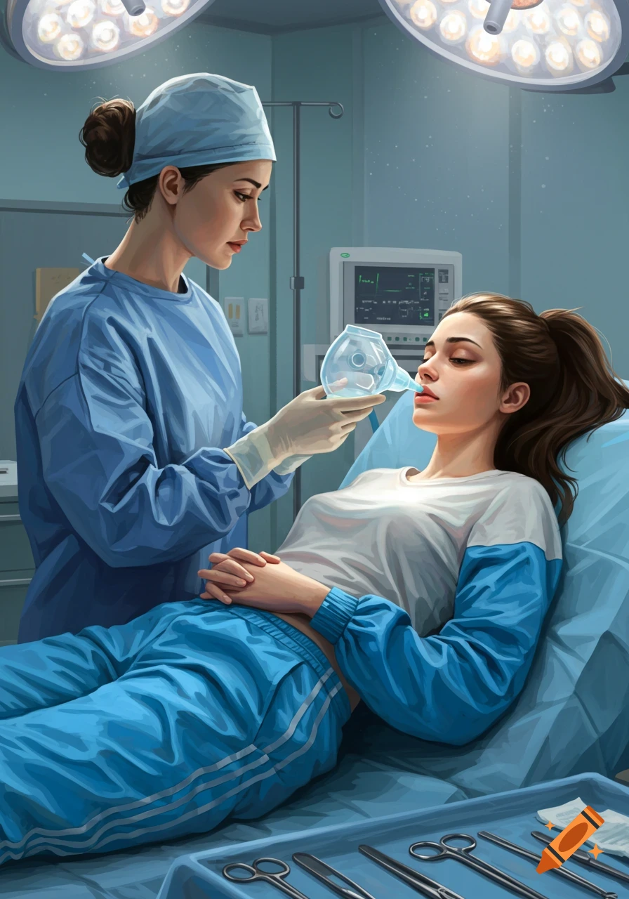 A female doctor in scrubs administers anesthesia to a patient on an operating table.