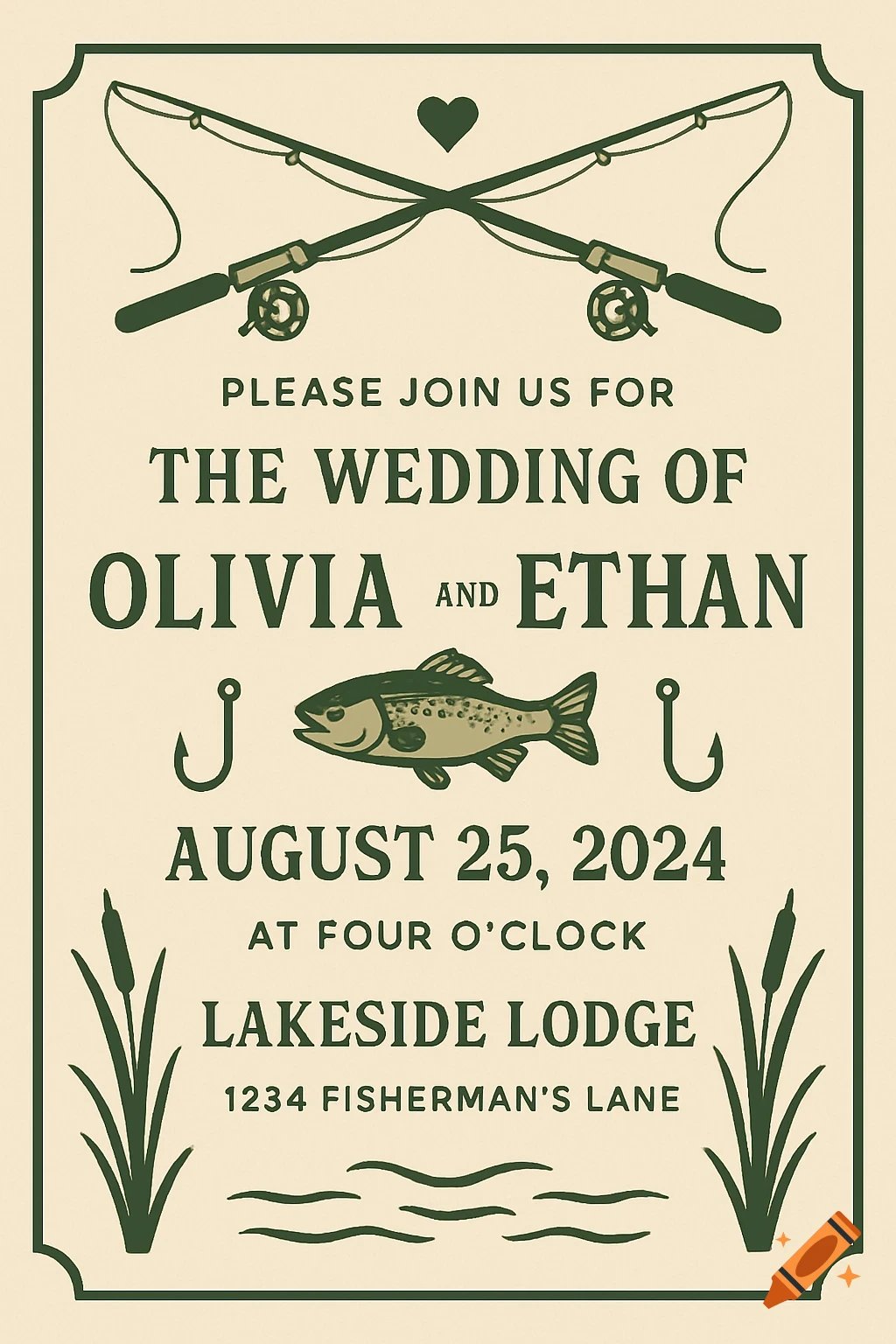 A vintage-style wedding invitation with crossed fishing rods, a fish, hooks, and cattails, announcing the wedding of Olivia and Ethan.