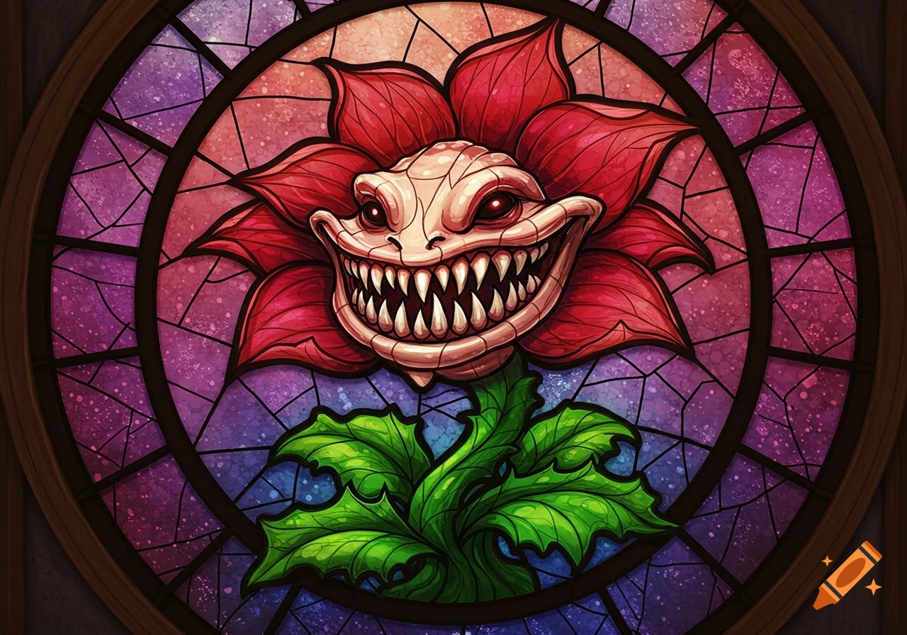 A monstrous red cow plant with sharp teeth and glowing red eyes, depicted in a vibrant stained glass style with purple and blue background.