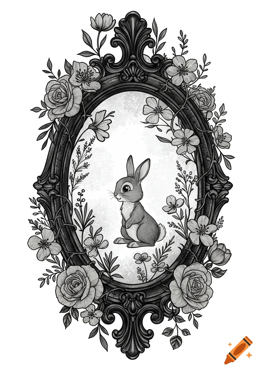 A black and white tattoo-style illustration of a cute bunny in an ornate gothic frame surrounded by flowers and foliage.