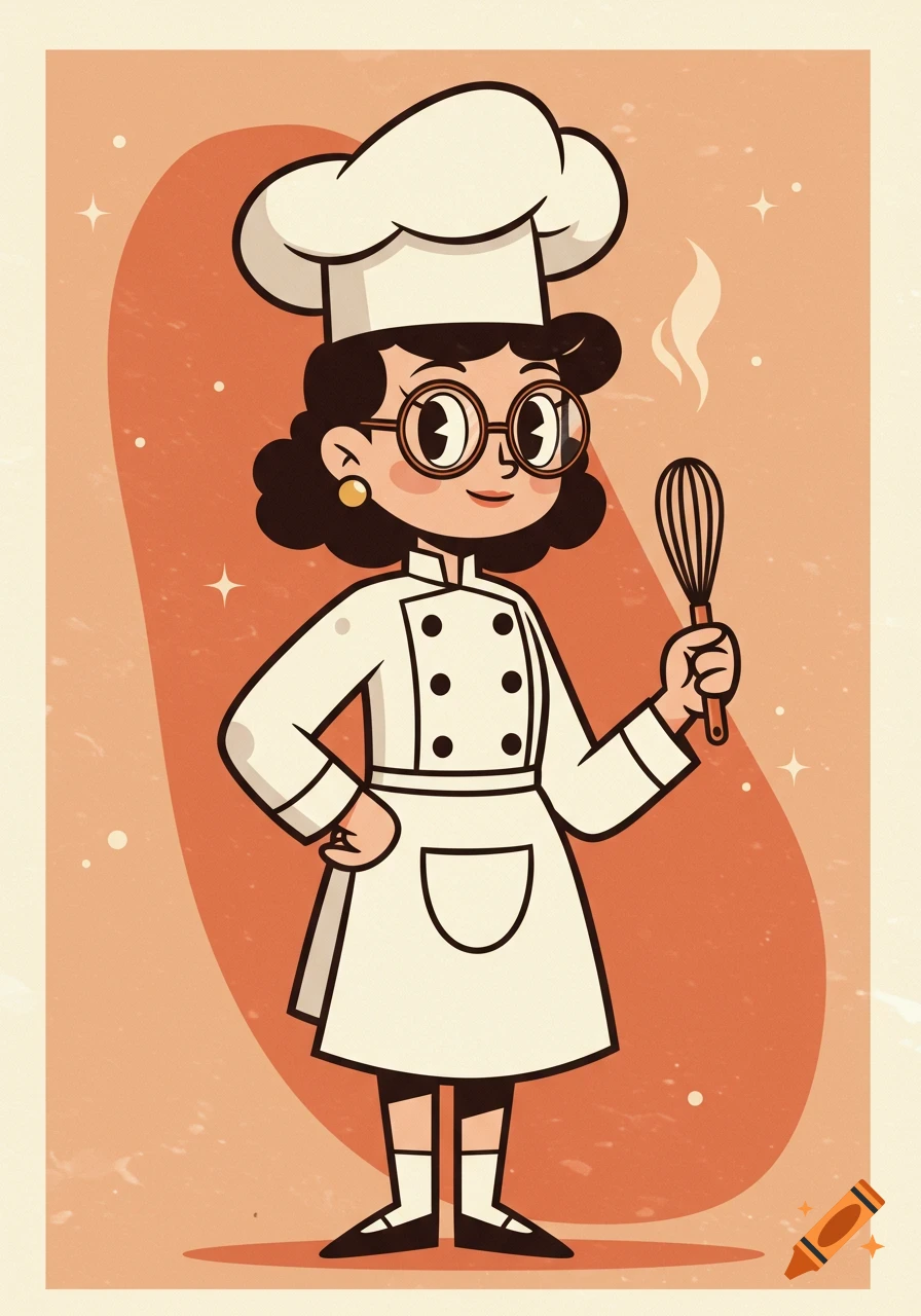A cheerful female chef wearing a tall chef's hat, white coat, and apron, holding a whisk, in a mid-century modern cartoon style.