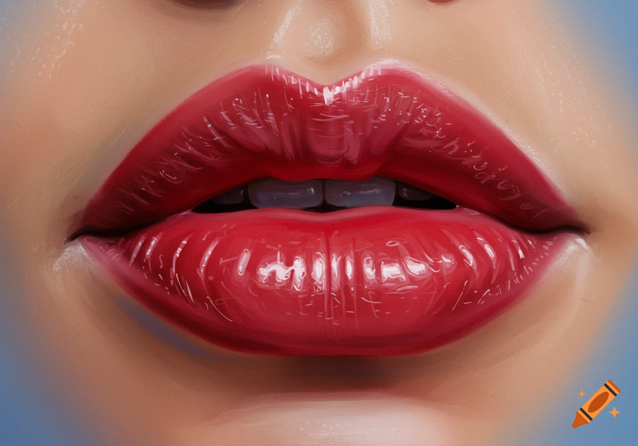 Close-up of glossy red lips with visible teeth, rendered in a detailed digital painting style.