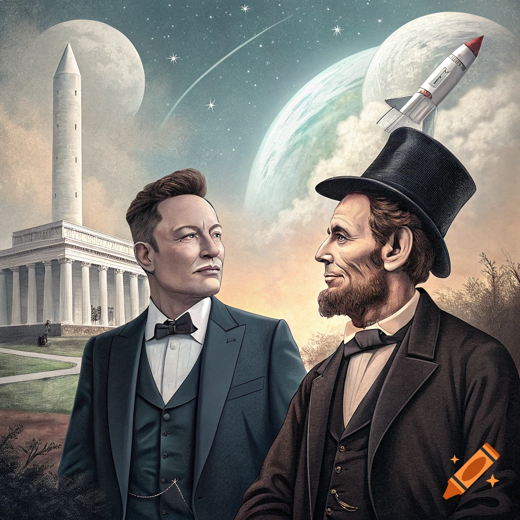 An illustrated portrait of Elon Musk and Abraham Lincoln standing before the Washington Monument, Lincoln Memorial, planets, and a rocket.