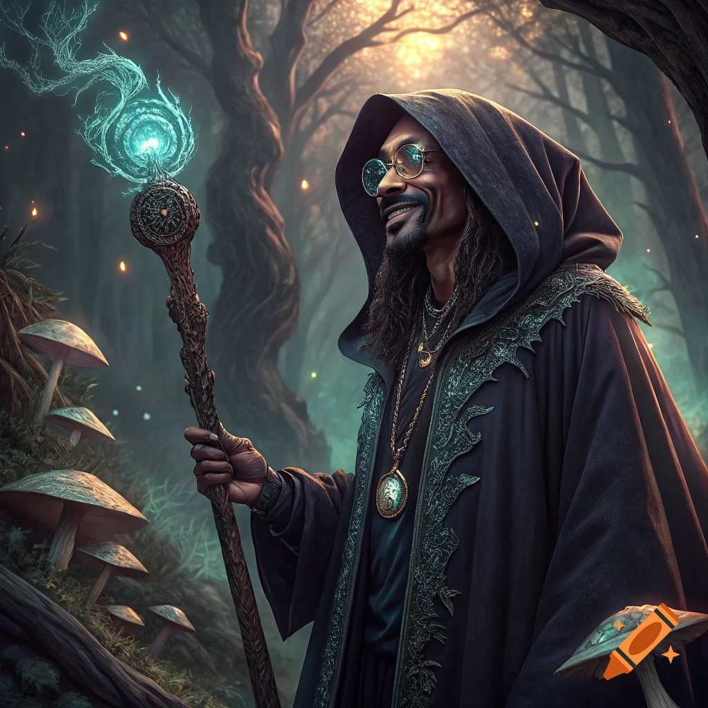 Snoop Dogg as a warlock, holding a glowing magical staff in a dark, mystical forest with mushrooms. Photorealistic fantasy art.