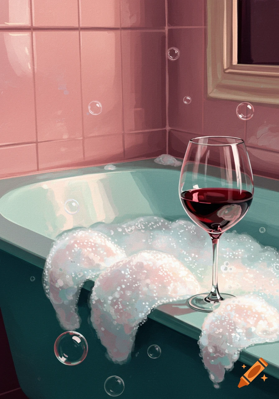 A glass of red wine sits beside a foamy bubble bath in a pink tiled bathroom, in an illustrative style.