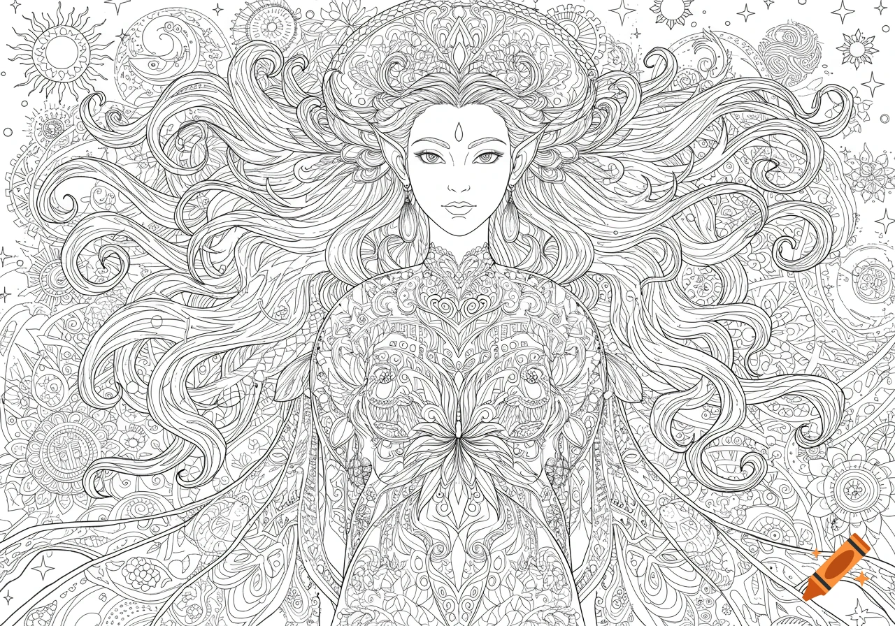 Intricate line art coloring page of a goddess-like woman with flowing hair, adorned in detailed patterns and celestial motifs.