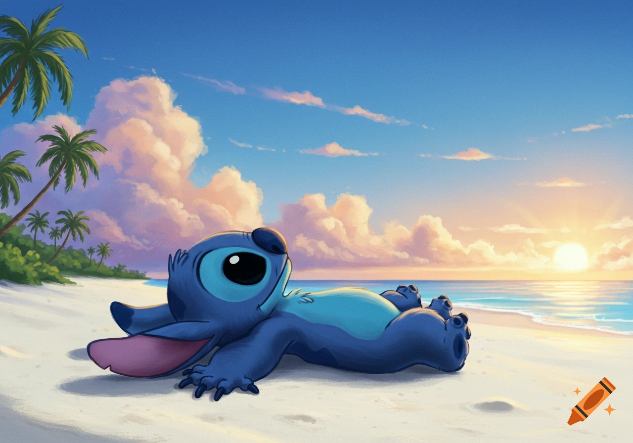 Stitch, the blue alien, lies on a sandy beach at sunset, looking out at the ocean with palm trees in the background.