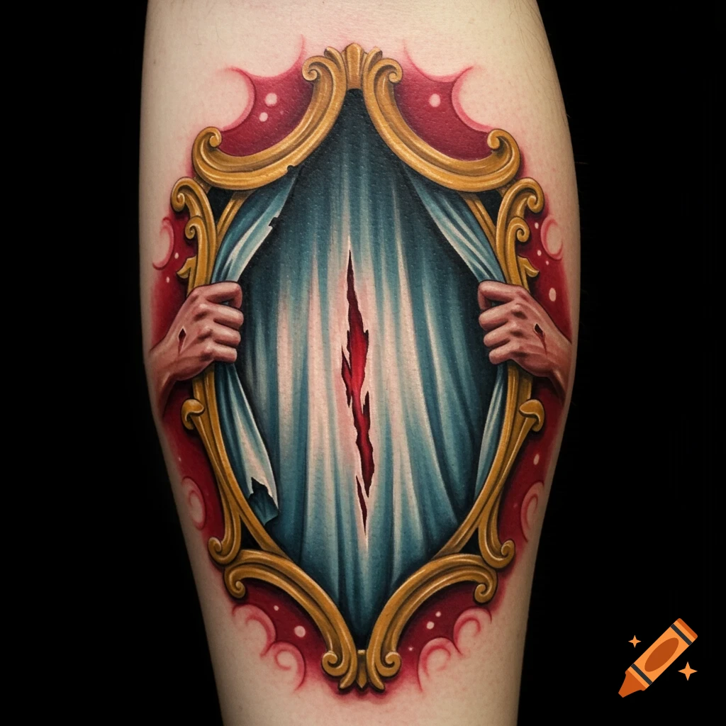 Vibrant tattoo depicting an ornate golden mirror frame with hands pulling back blue curtains, revealing a red gash in the center.