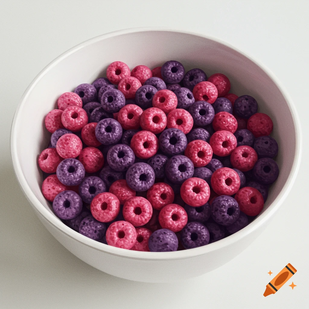 A white bowl filled with purple and pink berry-shaped cereal pieces on a white background.
