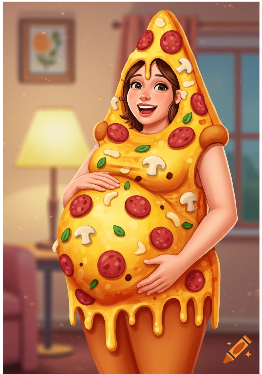 A smiling pregnant woman in a cartoonish pizza slice costume, holding her belly.