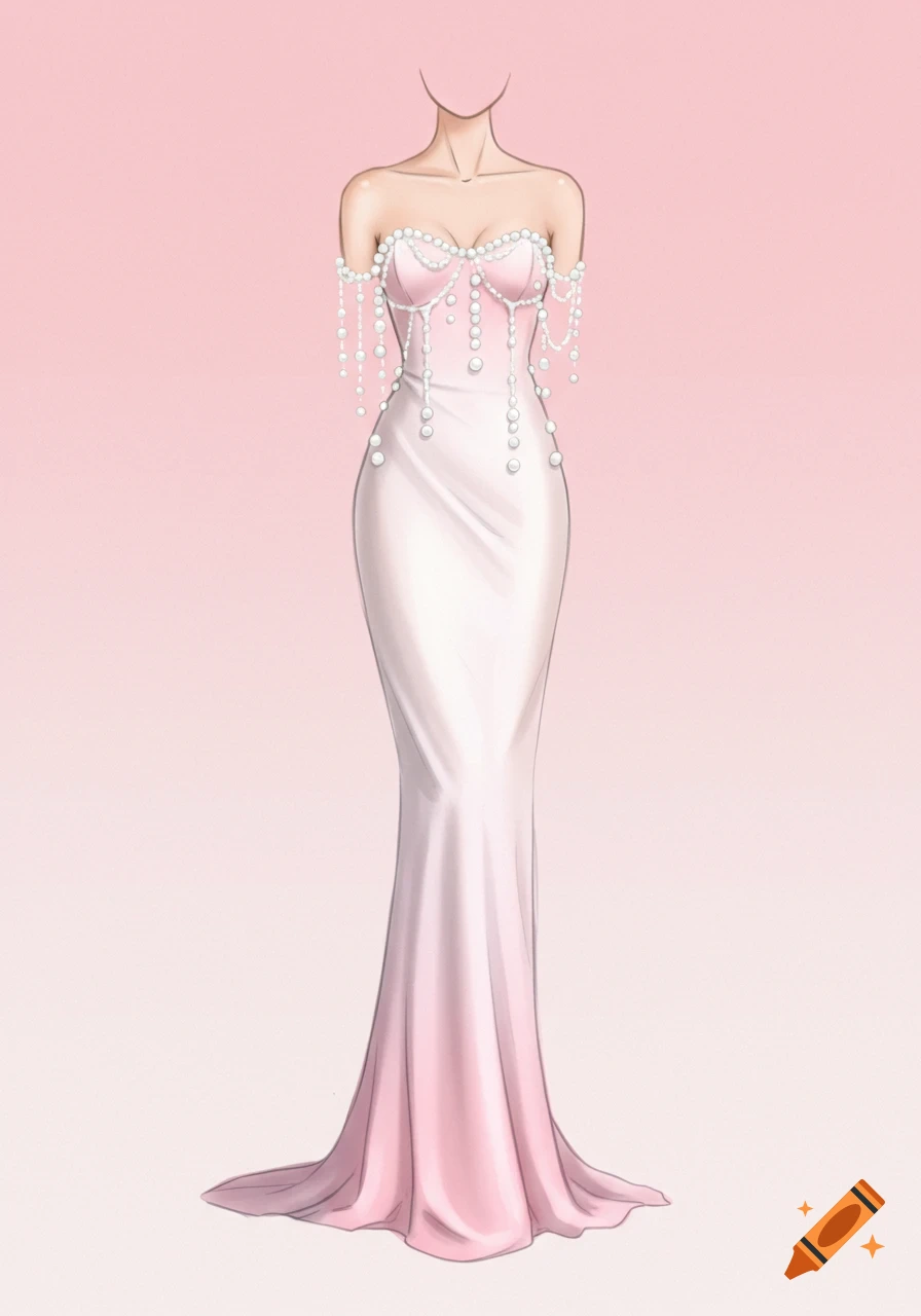 A fantasy sketch of a strapless, form-fitting, floor-length dress. It is light pink at the top with white dripping pearls, fading to white in the middle, and soft pink at the bottom.