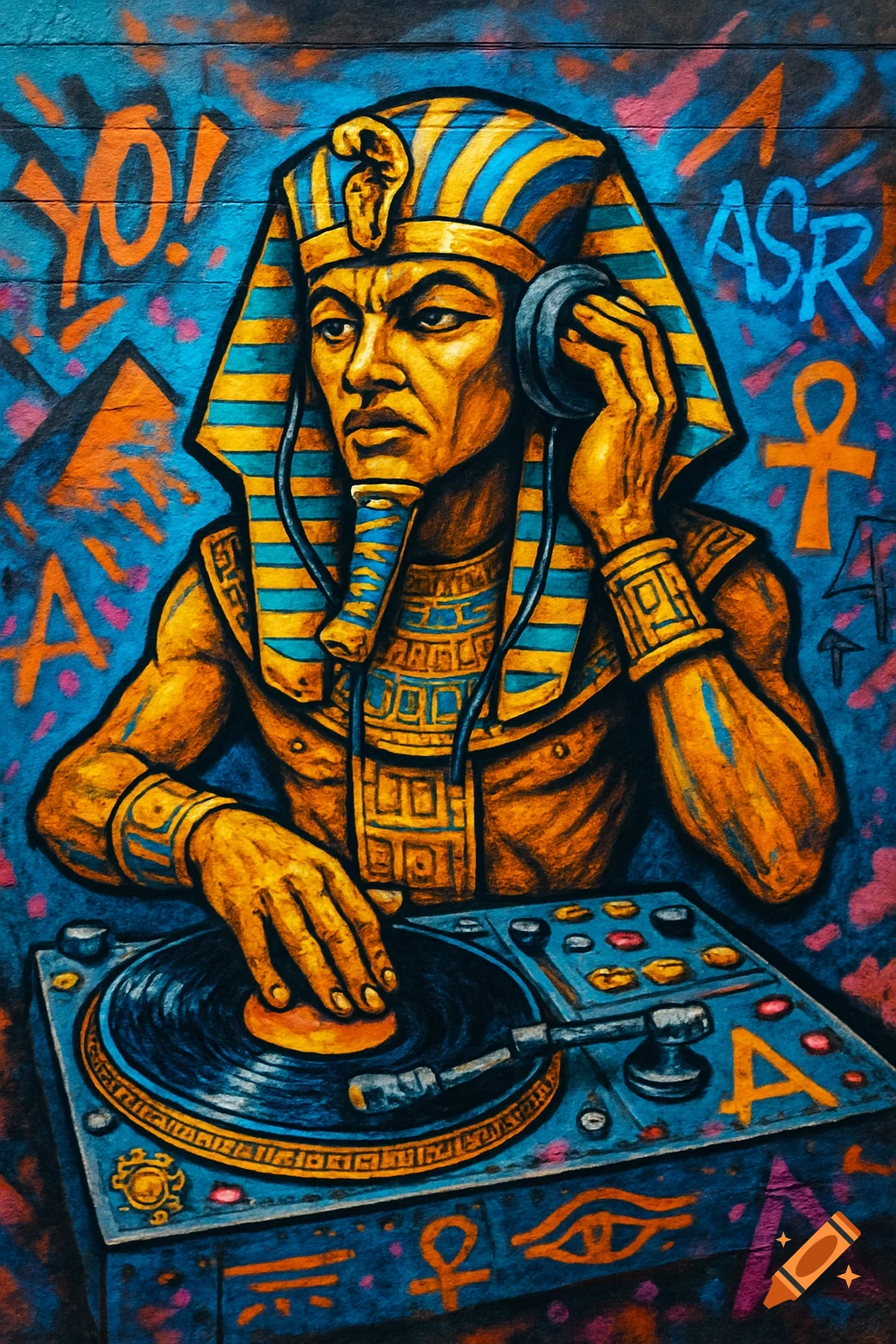 Vibrant graffiti art of an Egyptian pharaoh as a DJ, spinning records on a turntable on an urban wall with graffiti and symbols.