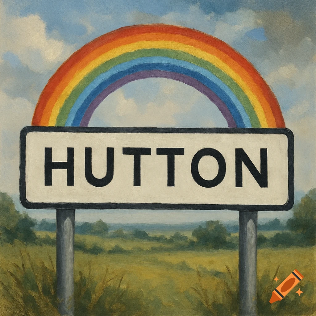 A painterly depiction of a white road sign with "HUTTON" in black letters, topped by a vibrant rainbow, set against a green field and a blue sky.