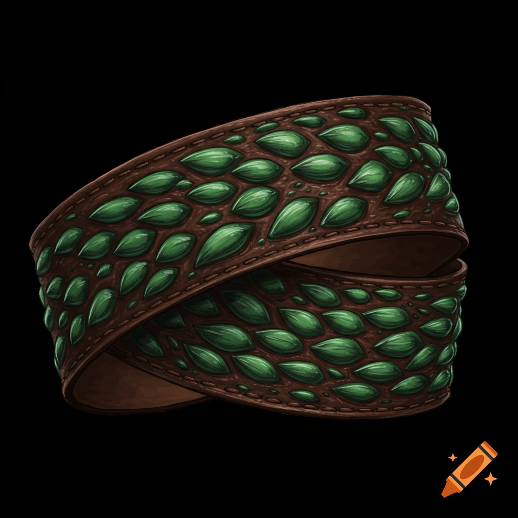 A brown leather belt adorned with numerous shiny, tear-drop shaped green scales or gems, against a black background.