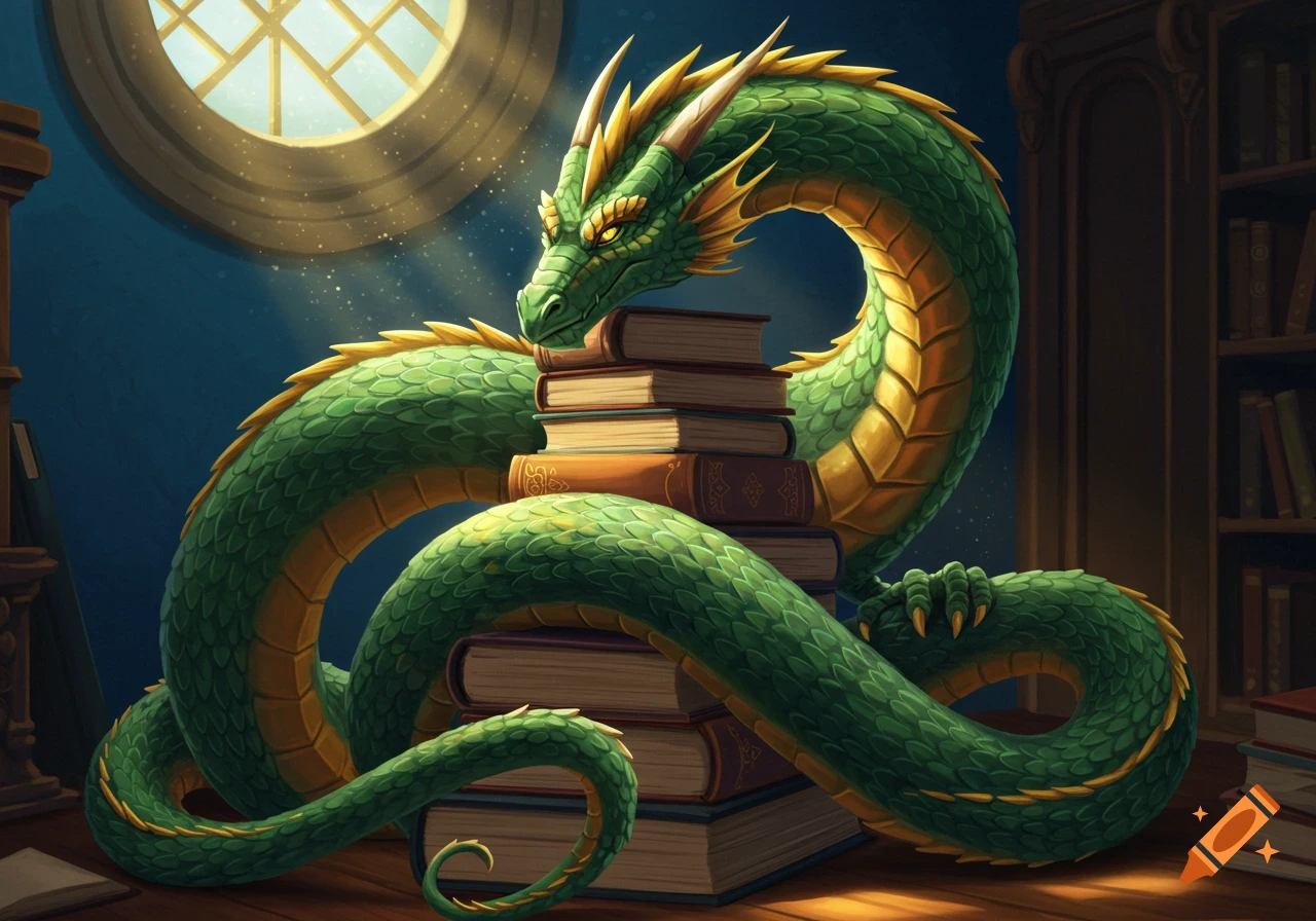 A vibrant green and gold dragon rests on a stack of books in a library, illuminated by light from a round window.