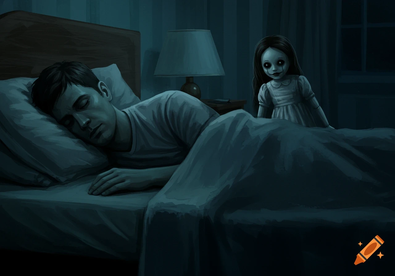 An illustration of a man sleeping peacefully in his bed, unaware of a creepy, pale doll with dark eyes staring at him from behind the bed.