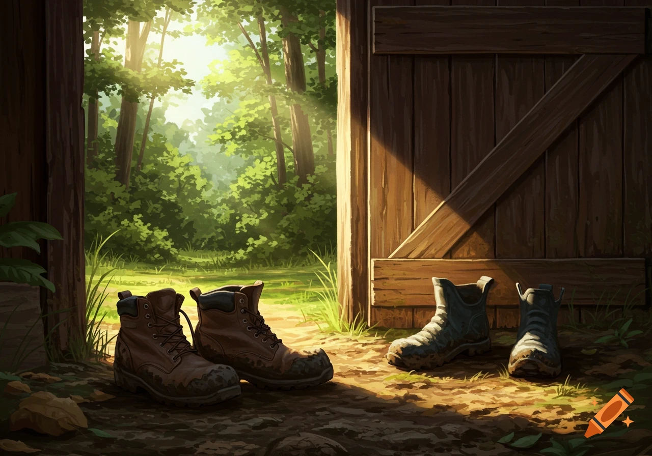 Two pairs of muddy boots rest outside a rustic wooden barn door, with a sun-dappled forest in the background.