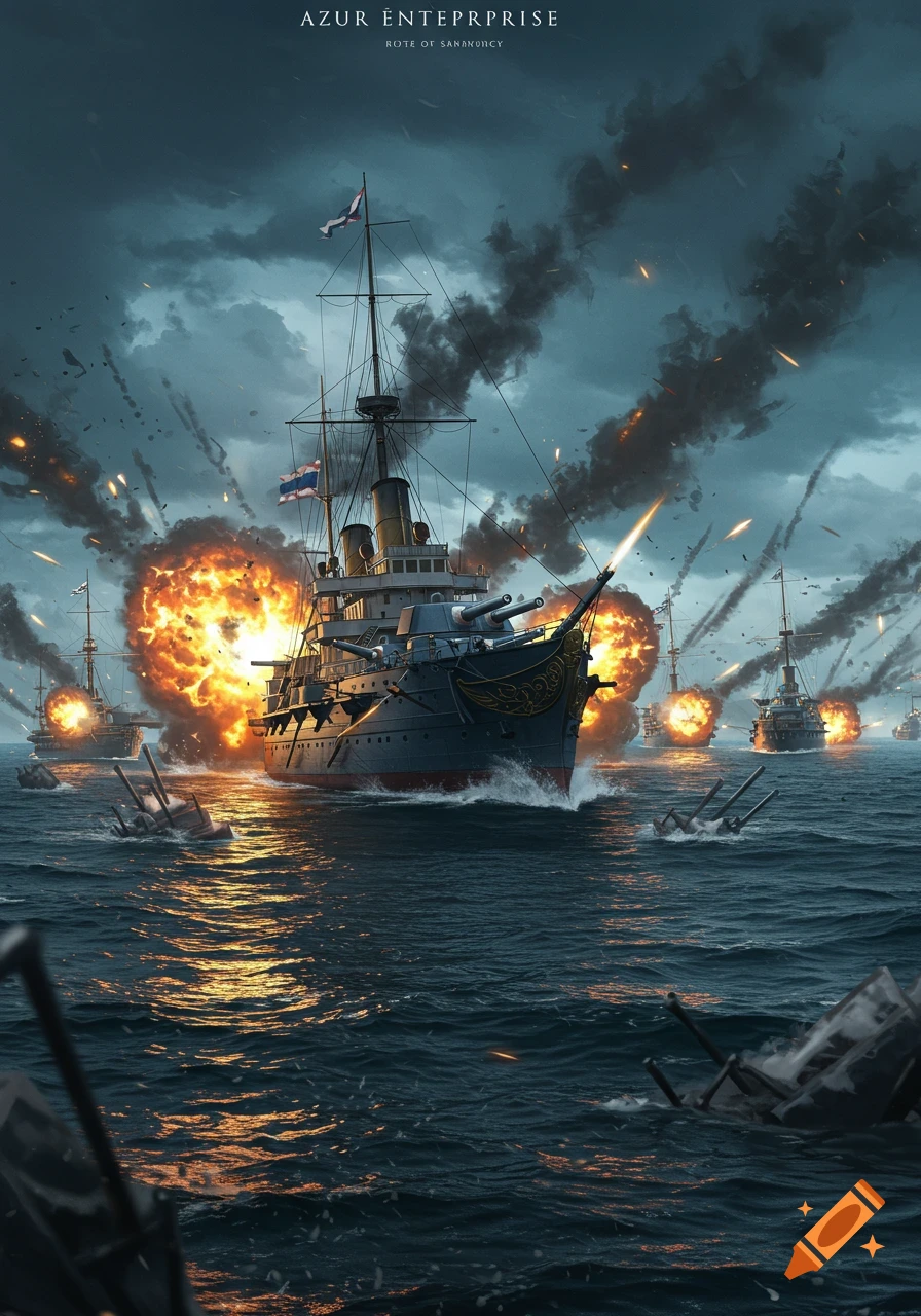 A large battleship fires its cannons amidst massive explosions and smoke during a fierce naval battle on a stormy sea, with other ships in the background.