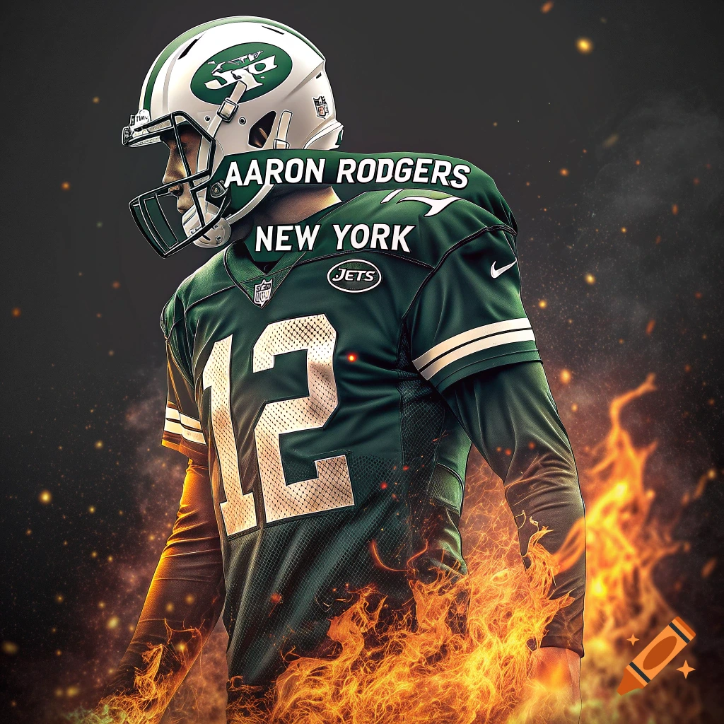 A football player in a green New York Jets jersey with the number 12 and a helmet stands engulfed in flames.