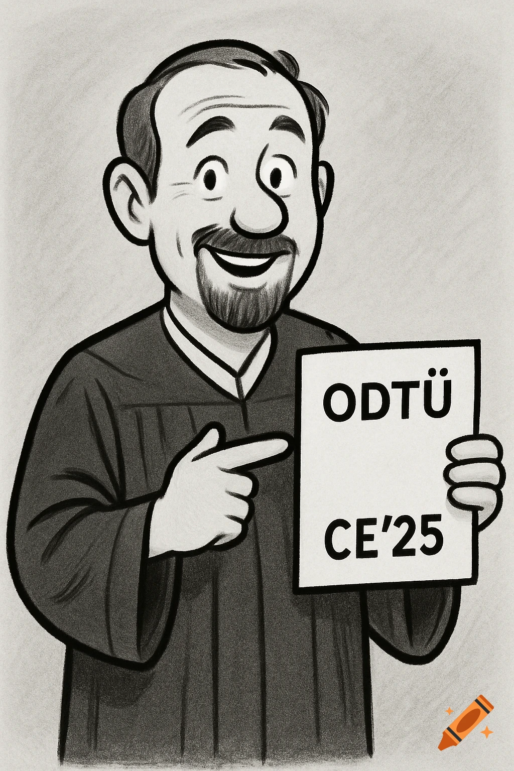 A grayscale cartoon of a smiling man in a graduation gown pointing to a sign that reads 'ODTÜ CE'25'.