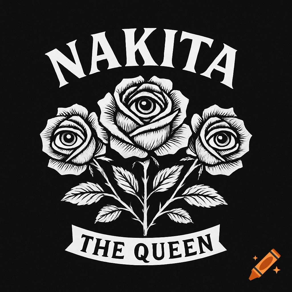 Black and white logo with three roses that have eyes and text 'NAKITA THE QUEEN' on a black background.