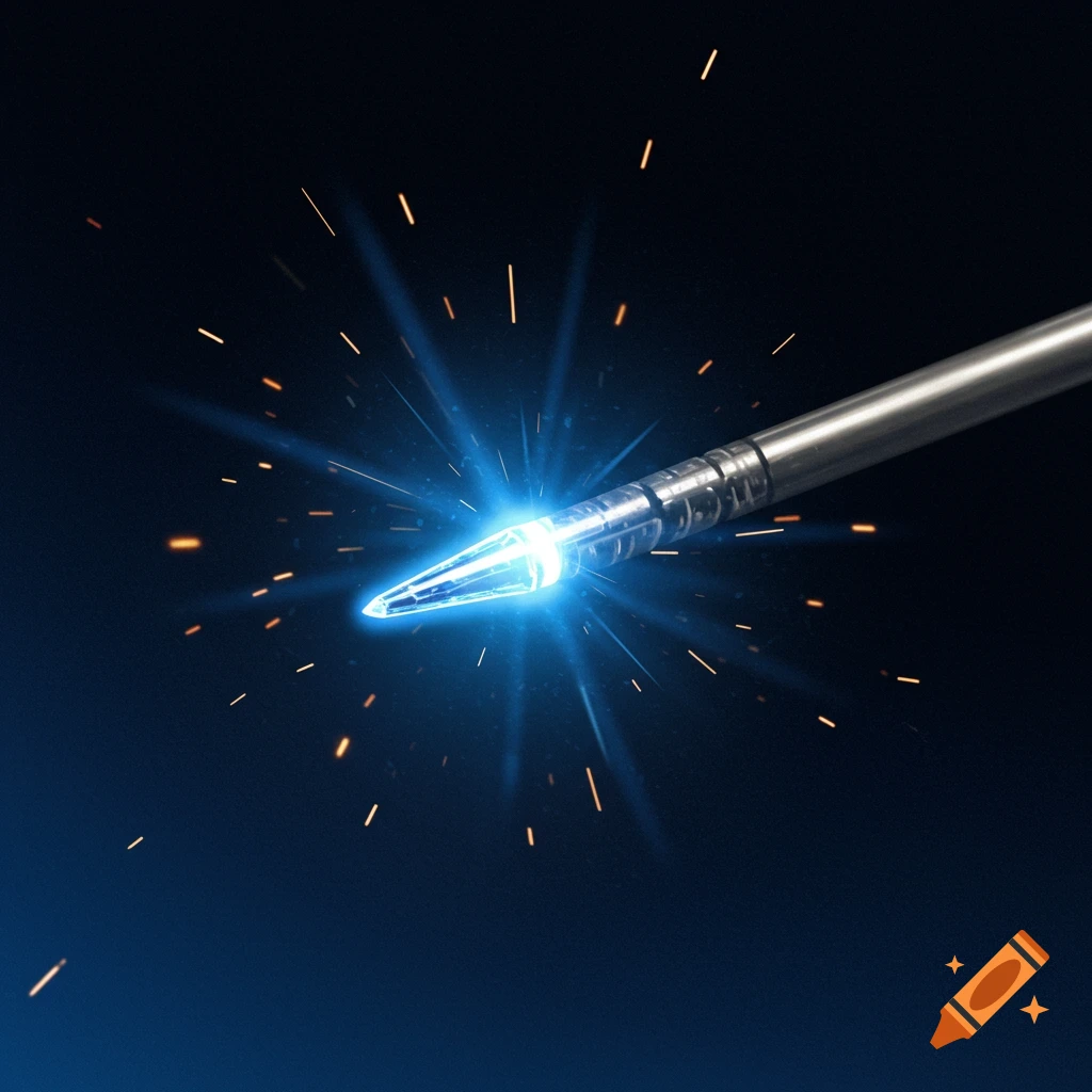 A glowing blue tip of a tungsten electrode with sparks against a dark background, indicating sharpening for TIG welding.