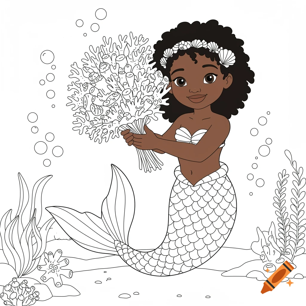 Uncolored coloring page of a cute African American mermaid holding a coral bouquet underwater.