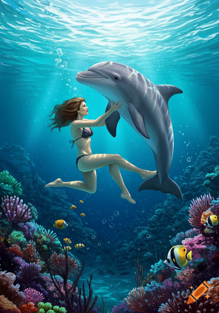 A woman in a bikini swims underwater, embracing a dolphin, surrounded by colorful coral and tropical fish in clear blue water.