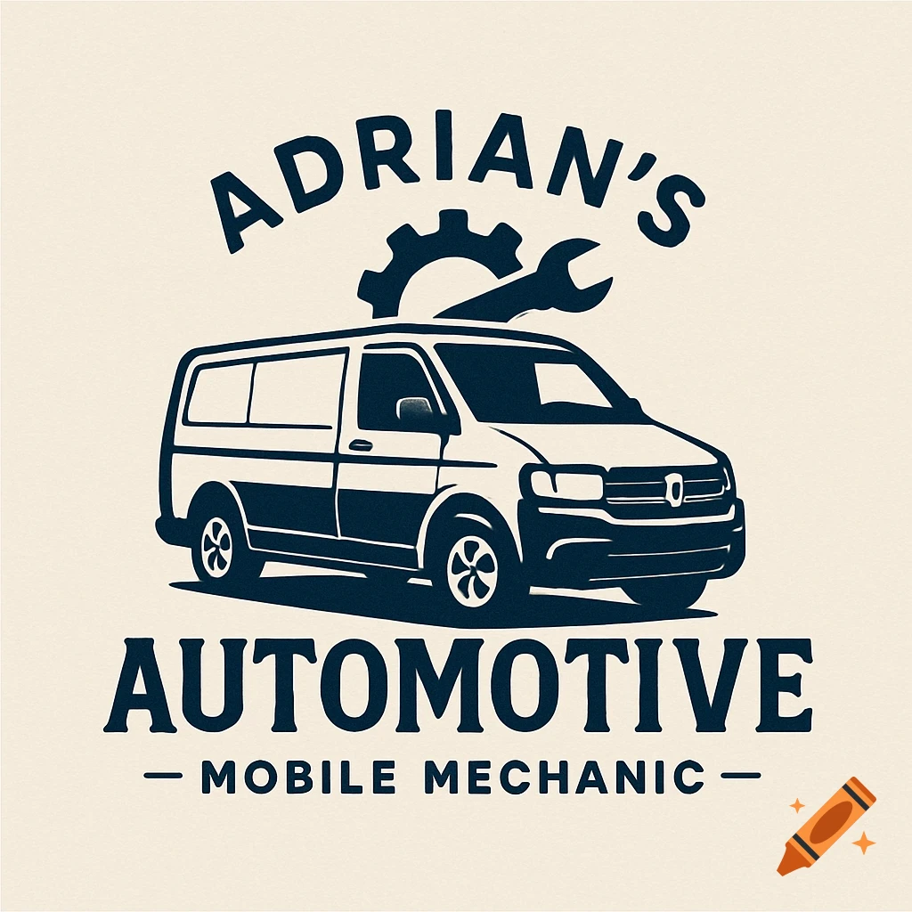 A black and cream logo for 'Adrian's Automotive Mobile Mechanic' featuring a stylized van, a gear, and a wrench.