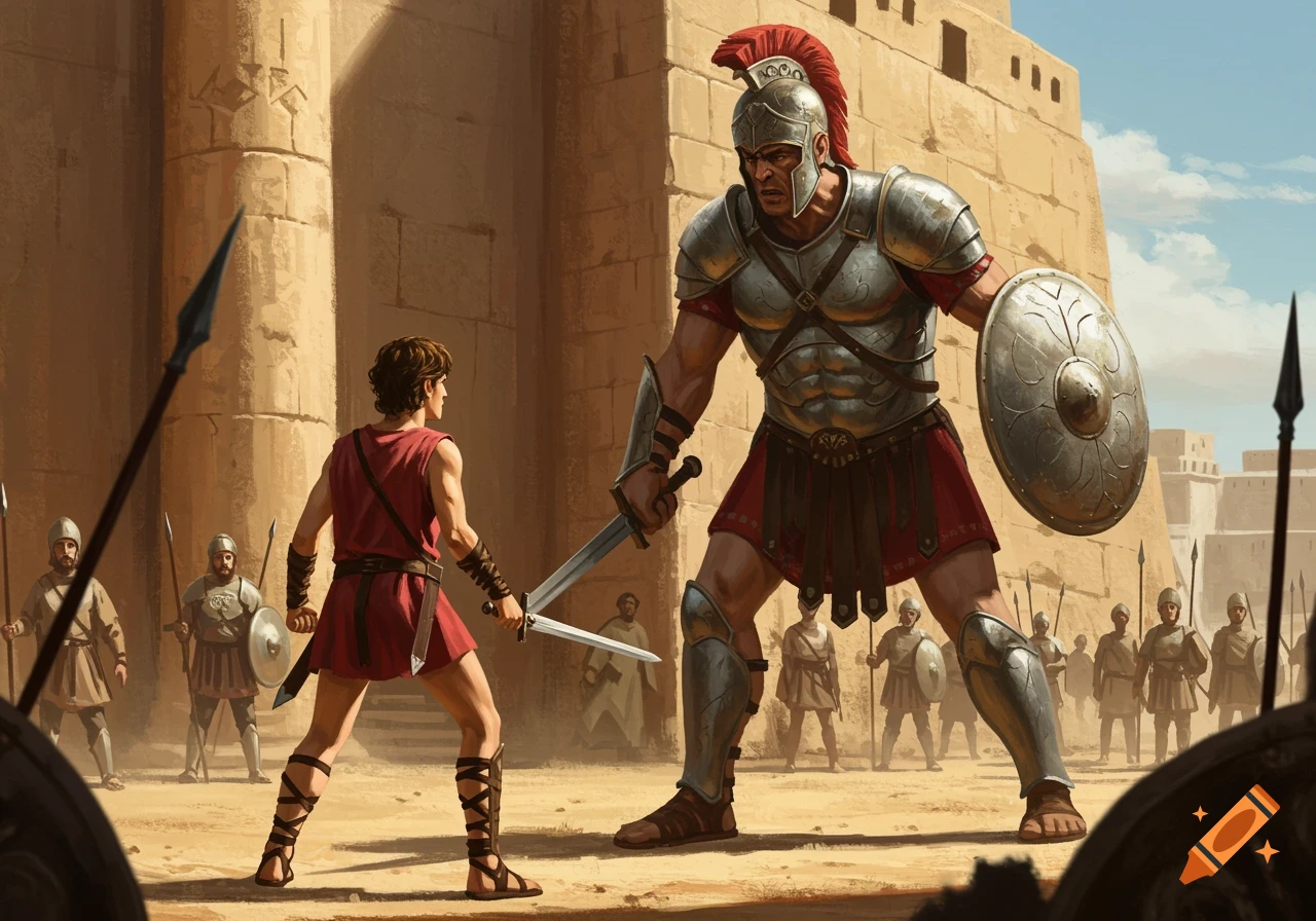 A young David, armed with a sword, faces off against the giant Goliath in full armor, in an ancient city.
